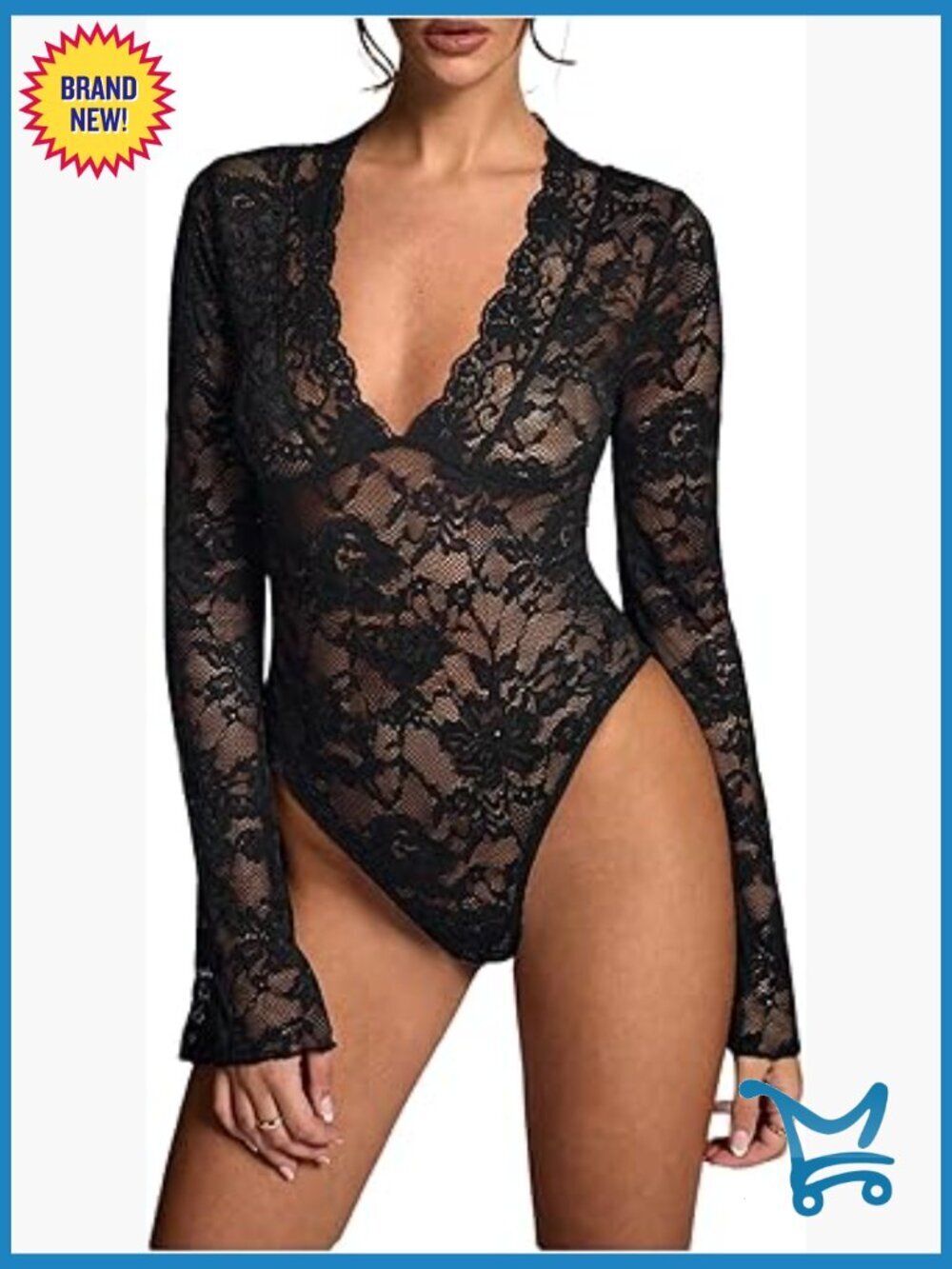 Mesh Sheer Floral Lace Bodysuit Deep V Neck Long Sleeve Slim Fit Leotard Top